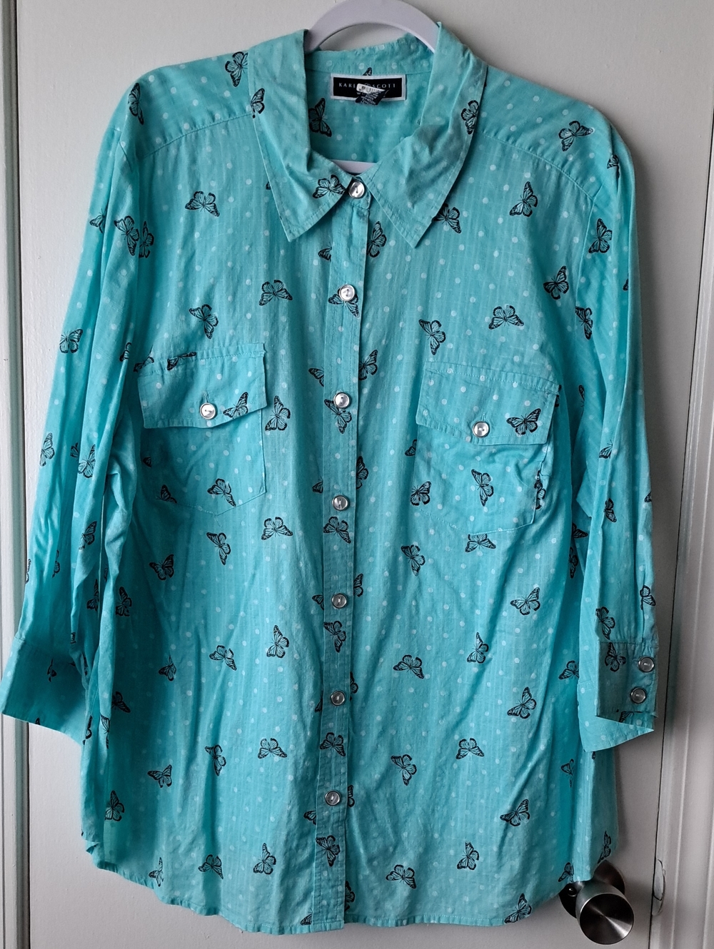 Karen Scott Turquoise Butterfly And polka dot Print Button-Down Shirt.3X